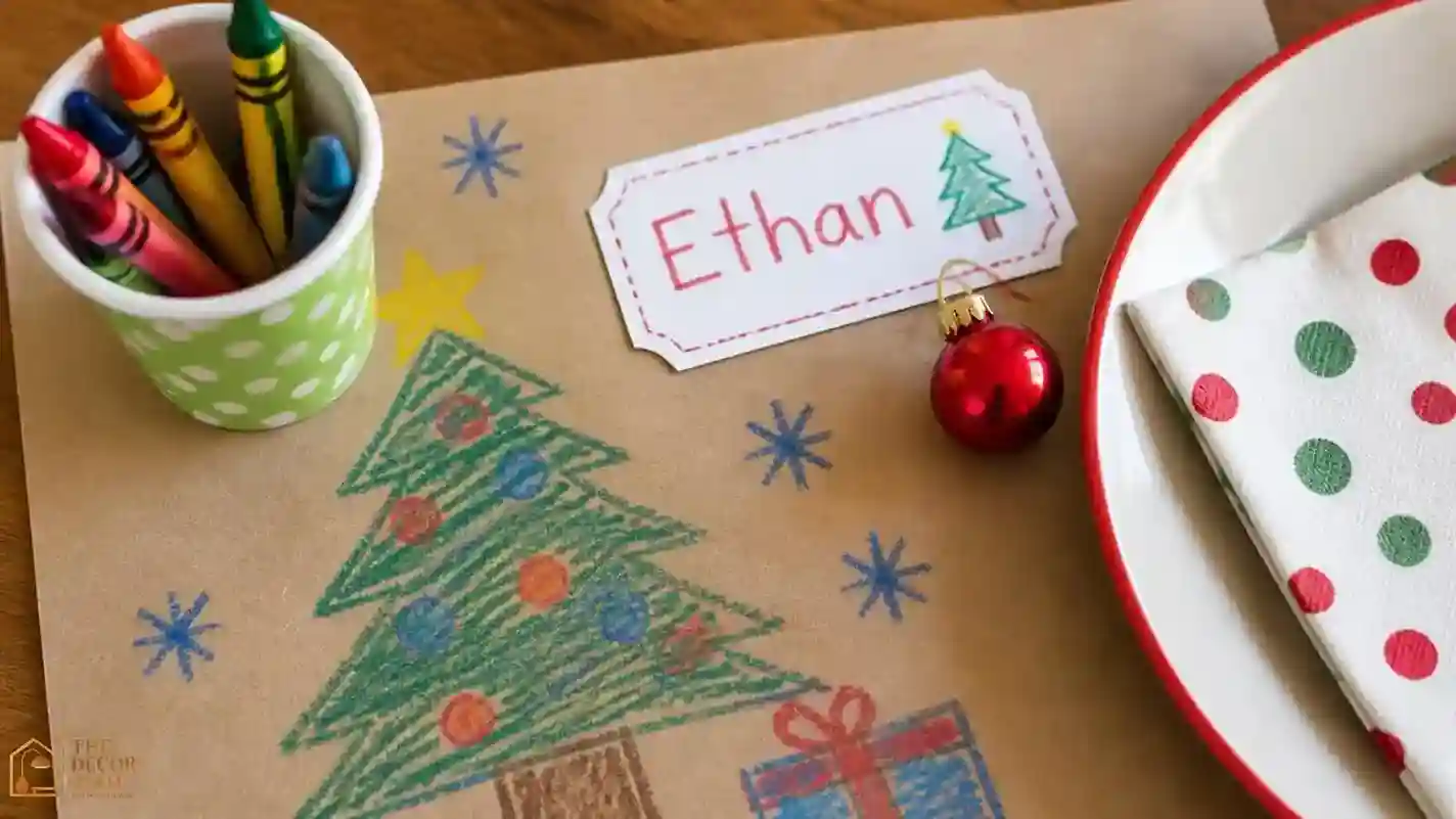 Close-up of a kids Christmas place setting with a butcher paper placemat, crayons, and a small name tag.