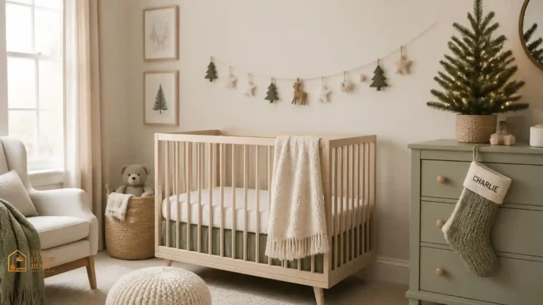 A soft cream and sage nursery decorated for Christmas with a felt garland, a small tabletop tree, and a knit stocking with baby's name