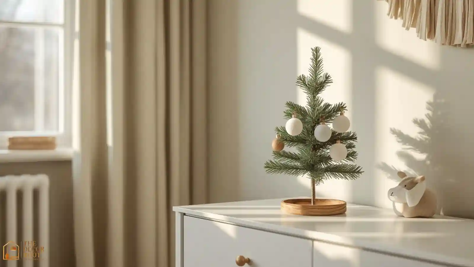 A small tabletop Christmas tree on a dresser in a soft cream nursery decorated for baby's first holiday