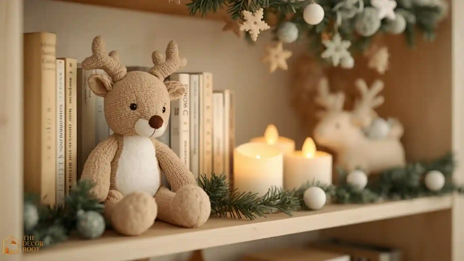 A nursery shelf styled with a plush reindeer toy, battery-operated candles, and a felt garland
