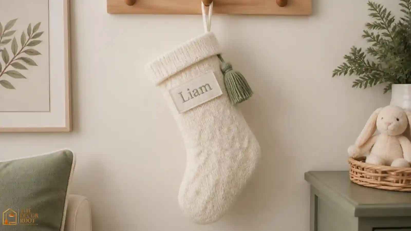 A personalized knit Christmas stocking with a name tag hanging on a nursery wall hook