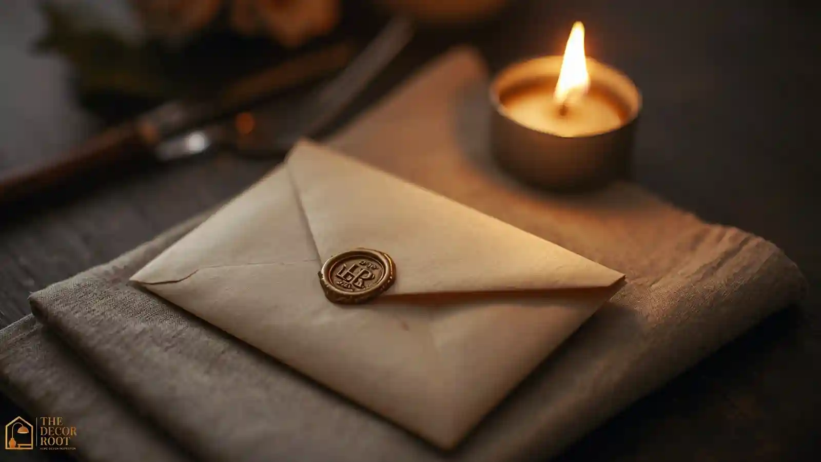 Wax-sealed mini envelope place card with gold wax stamp on a Christmas dinner table