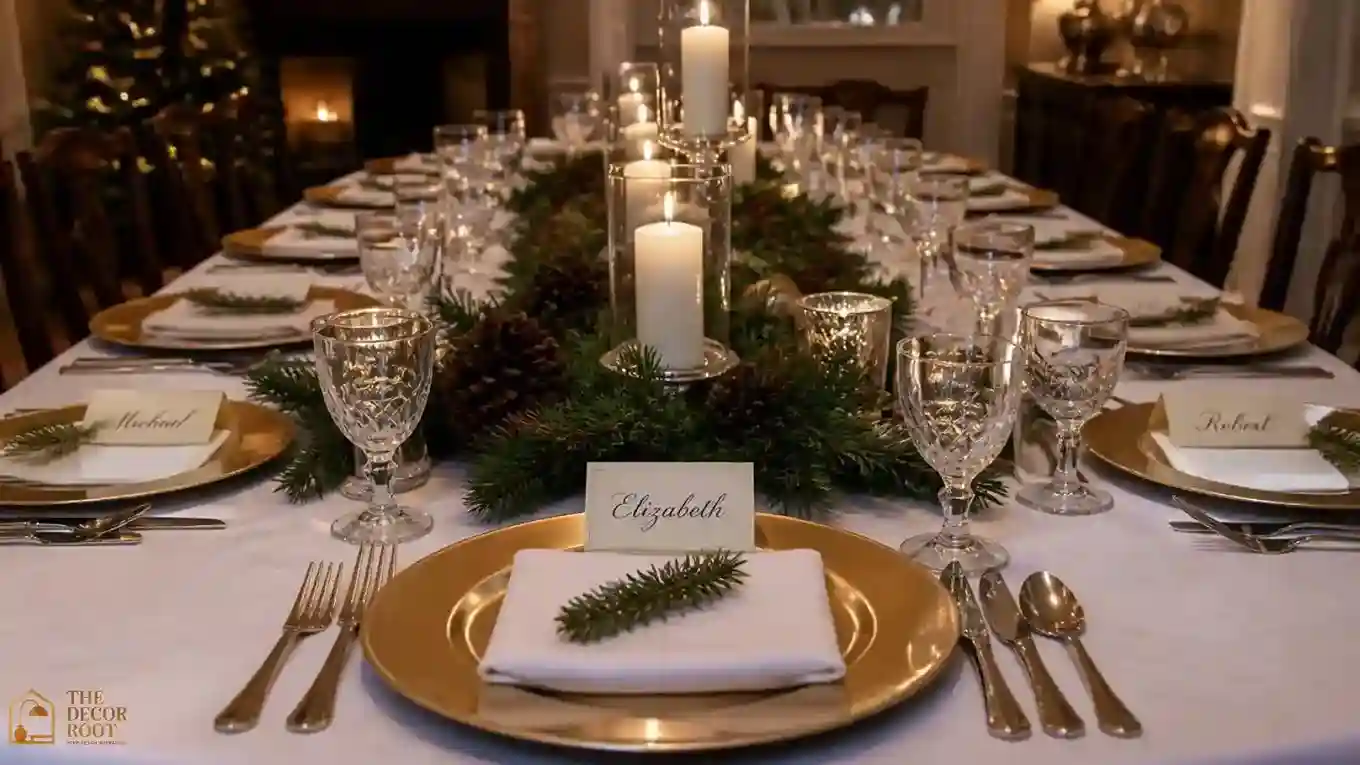 Full Christmas table setting with multiple place cards, gold chargers, and greenery runner