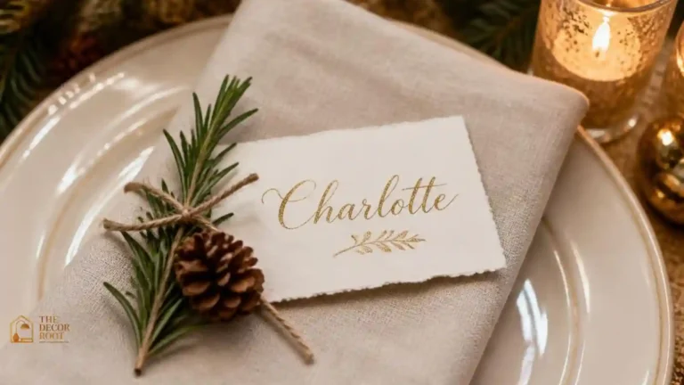 Gold calligraphy Christmas place card resting on a white charger plate with a sprig of rosemary and pinecone