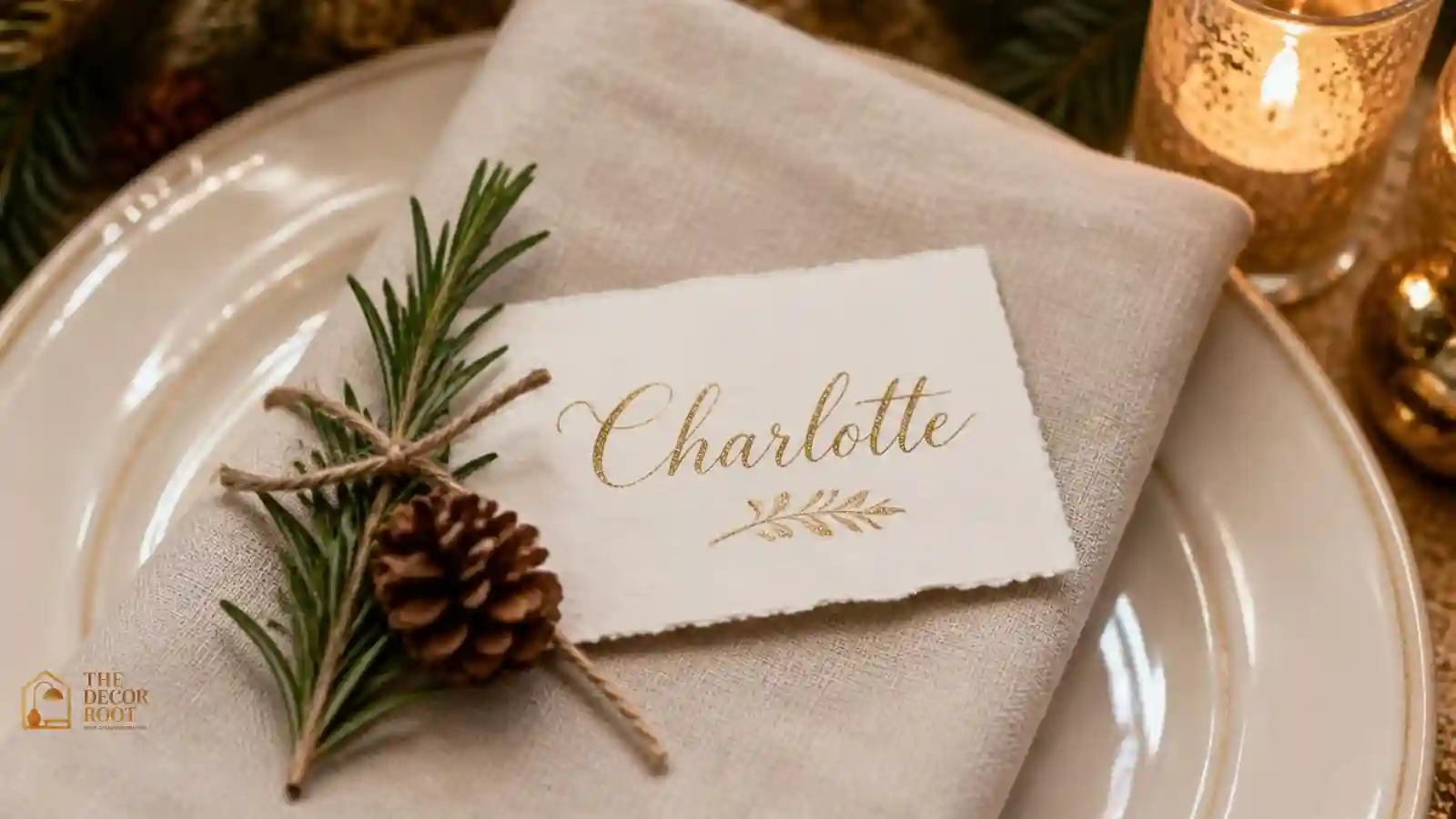Gold calligraphy Christmas place card resting on a white charger plate with a sprig of rosemary and pinecone