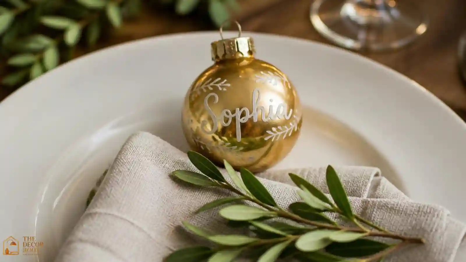Personalized glass ornament place card resting at the top of a Christmas dinner plate