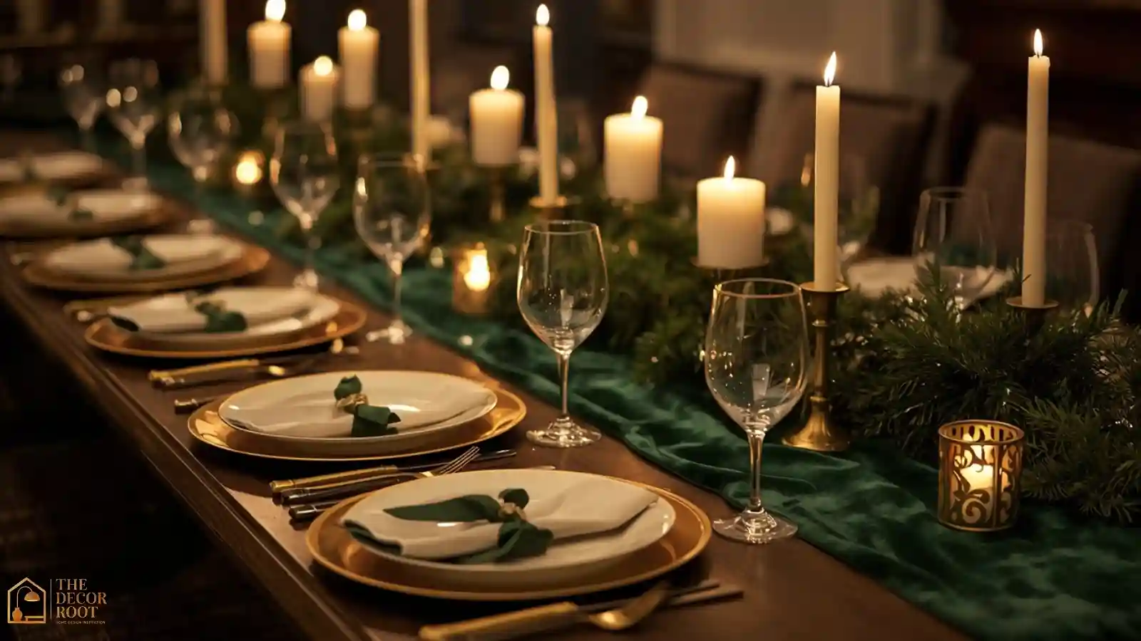 A finished Christmas dinner table with velvet runner, gold flatware, and lit taper candles ready for guests to arrive.