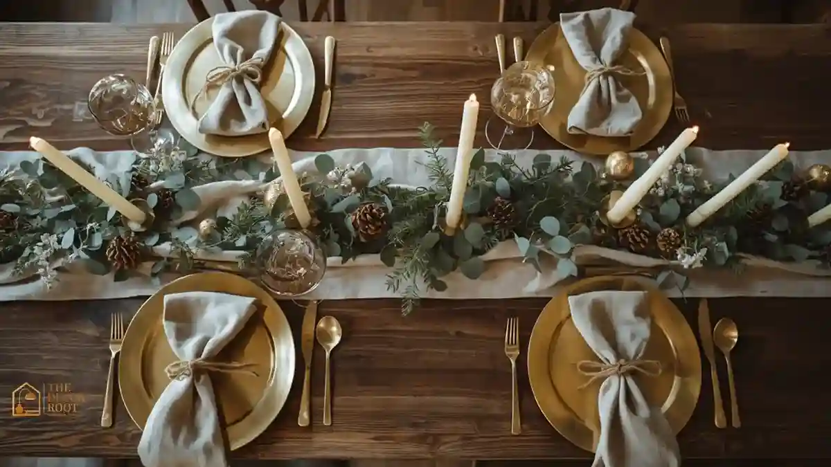 A neutral holiday dining table set with brass chargers, taper candles, and a fresh greenery runner down the center.