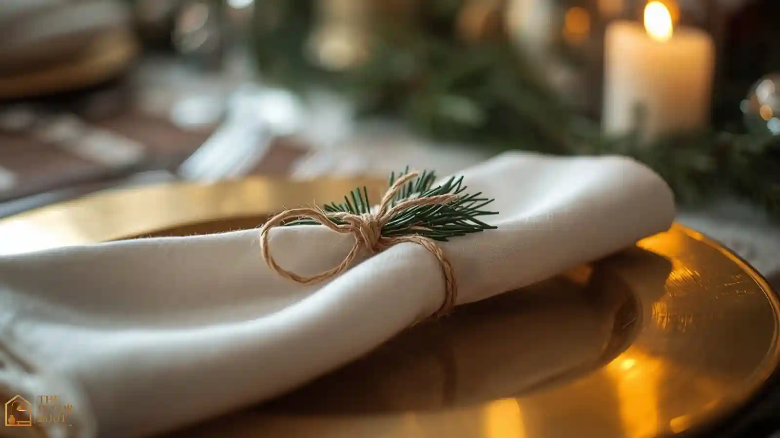 Close-up of a Christmas place setting with a brass charger, cream napkin, and small sprig of pine tucked under the ribbon.