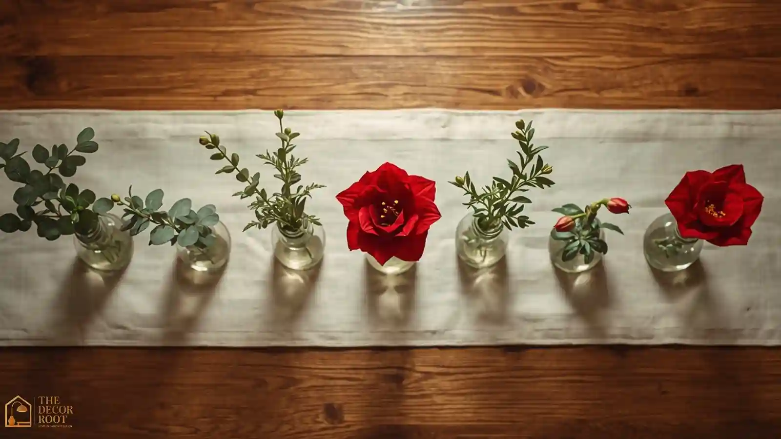 A row of single-stem bud vases with eucalyptus and red amaryllis blooms lined down a Christmas dinner table.