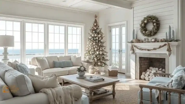 A beach house living room styled for Christmas with a driftwood tree, blue-and-white ornaments, and a rope garland over a whitewashed mantel