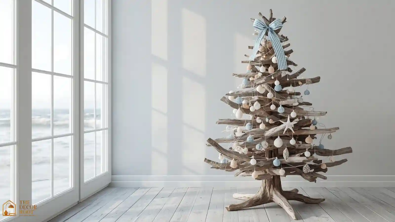 A driftwood Christmas tree decorated with seashell ornaments and blue ribbon standing in a sunlit beach house living room