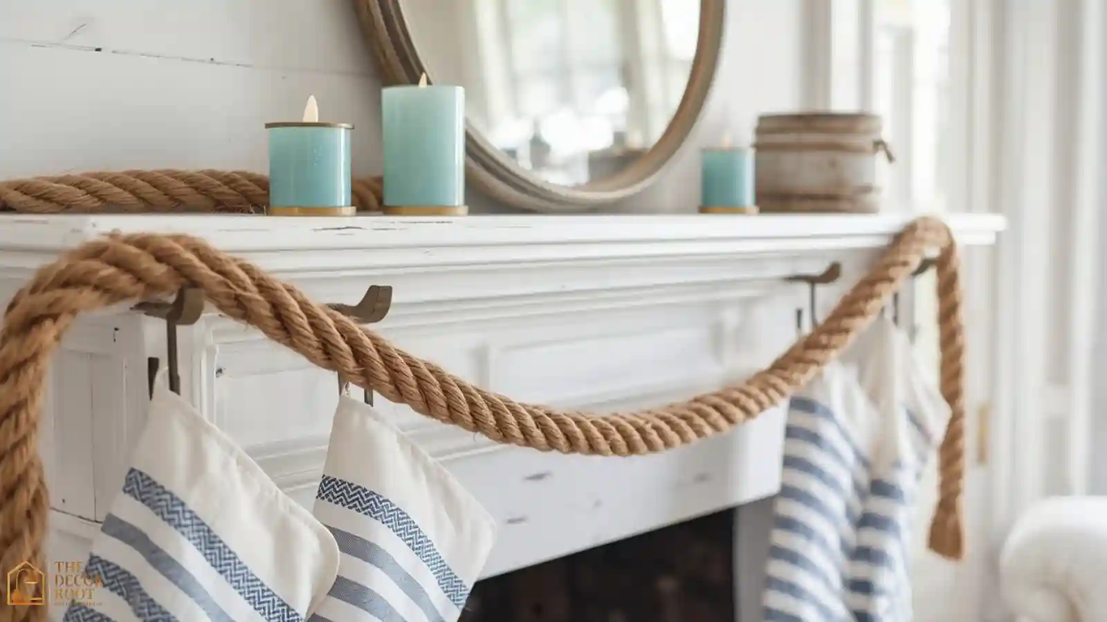 A whitewashed fireplace mantel styled with jute rope garland, sea glass candle holders, and blue and white striped stockings