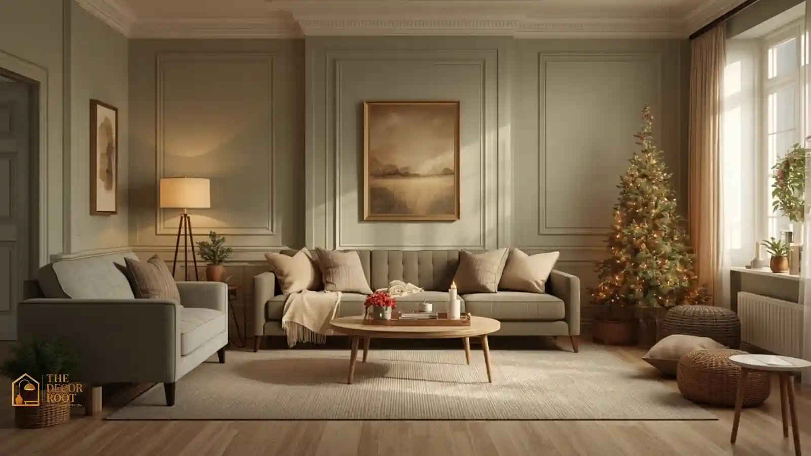 A soft sage green and cream living room decorated for Christmas with muted lighting and minimal ornament color