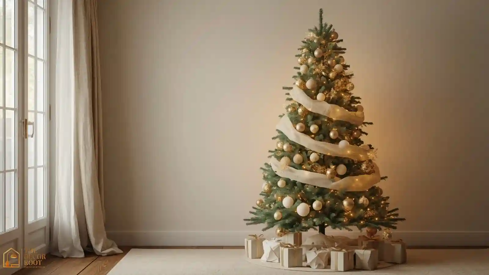 A sage green and cream Christmas tree in a softly lit living room designed to feel calming rather than loud