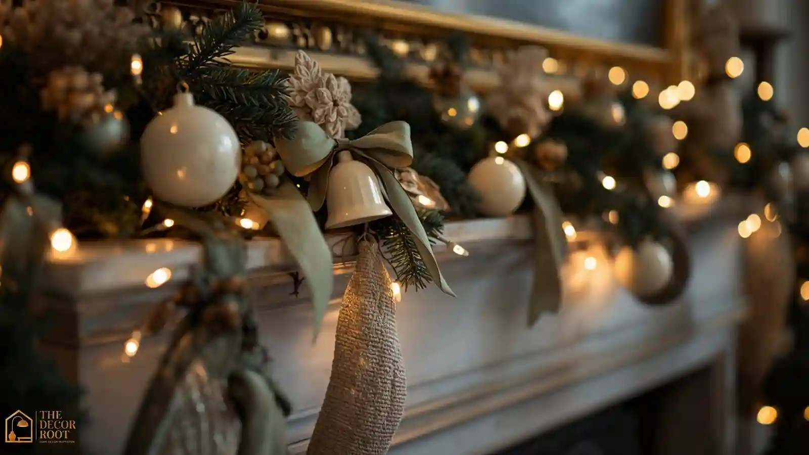 A mantel styled with cream ceramic ornaments, sage green ribbon, and warm dimmable string lights