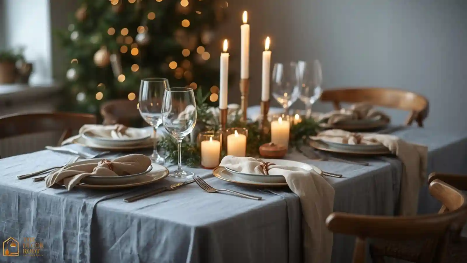 A holiday dinner table set with a dusty blue linen tablecloth, cream napkins, and warm candlelight