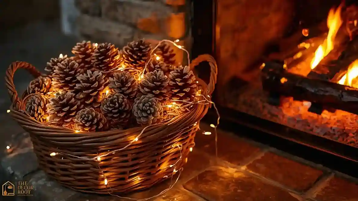 A woven basket filled with pinecones sitting beside a fireplace, wrapped loosely in warm fairy lights