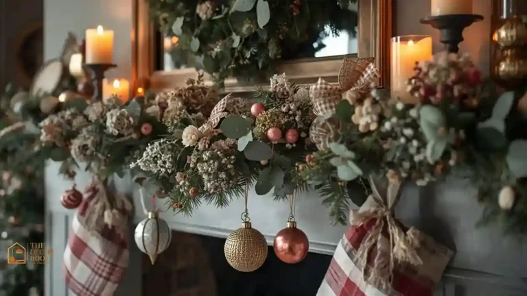 A cottagecore-styled mantel with dried floral garland, gingham ribbon, and mismatched vintage ornaments for Christmas