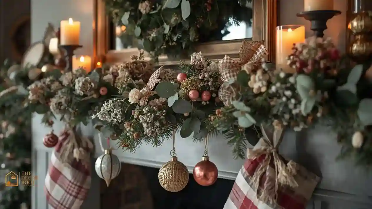 A cottagecore-styled mantel with dried floral garland, gingham ribbon, and mismatched vintage ornaments for Christmas