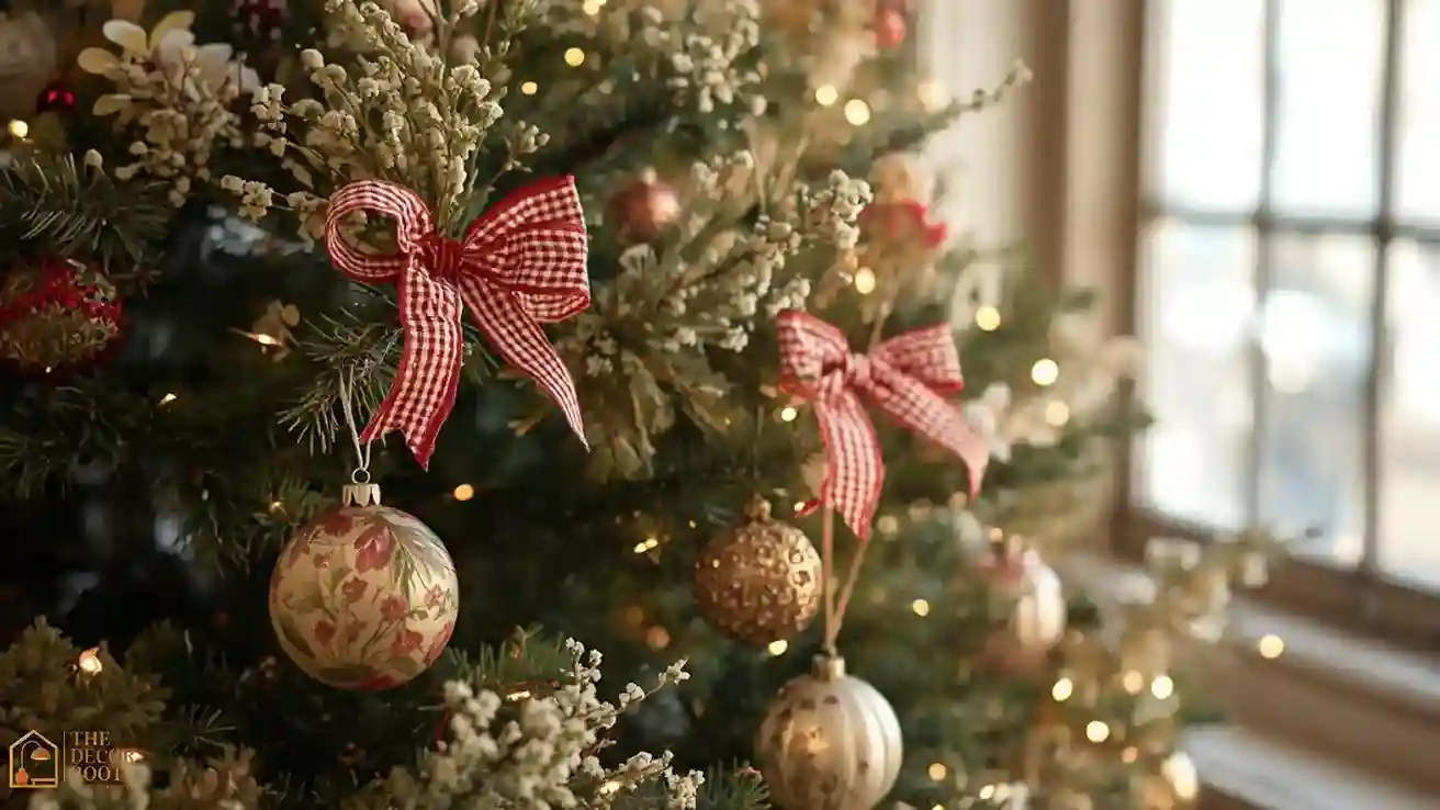 A small pine Christmas tree decorated with dried floral sprigs, gingham ribbon bows, and vintage-style tin ornaments