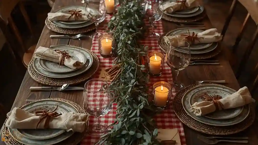A holiday table set with gingham linens, mismatched vintage plates, and a bundle of cinnamon sticks at each place setting