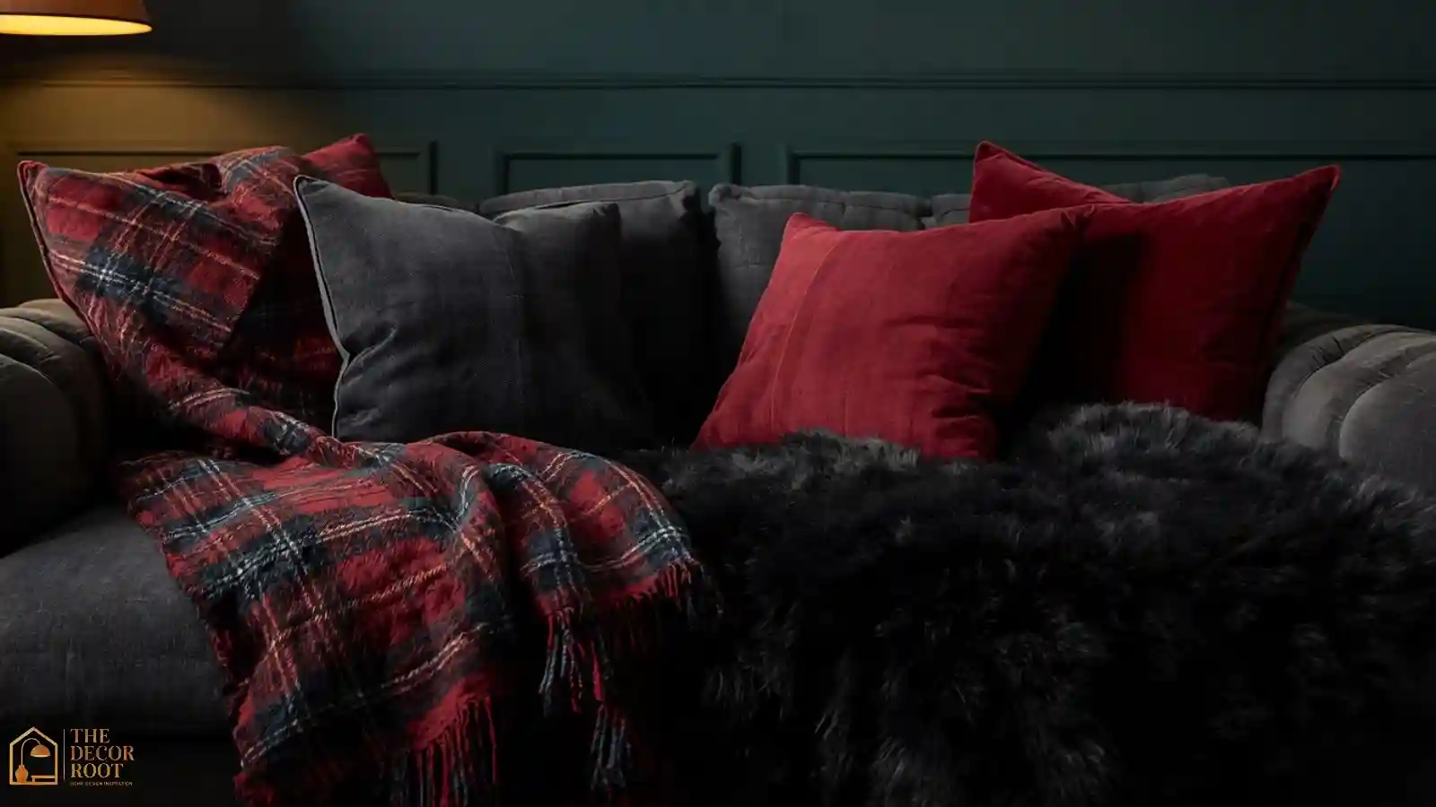 A sofa layered with a dark plaid throw, burgundy velvet pillows, and a charcoal faux fur throw in a moody living room