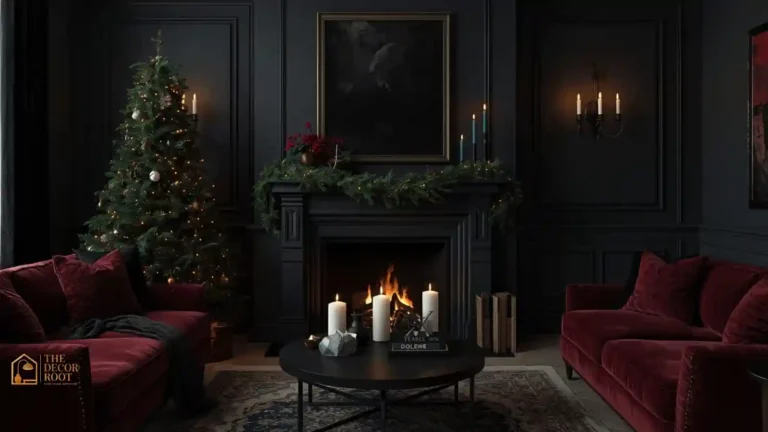 A dark and moody living room with a black Christmas tree, deep burgundy velvet stockings, and candlelight