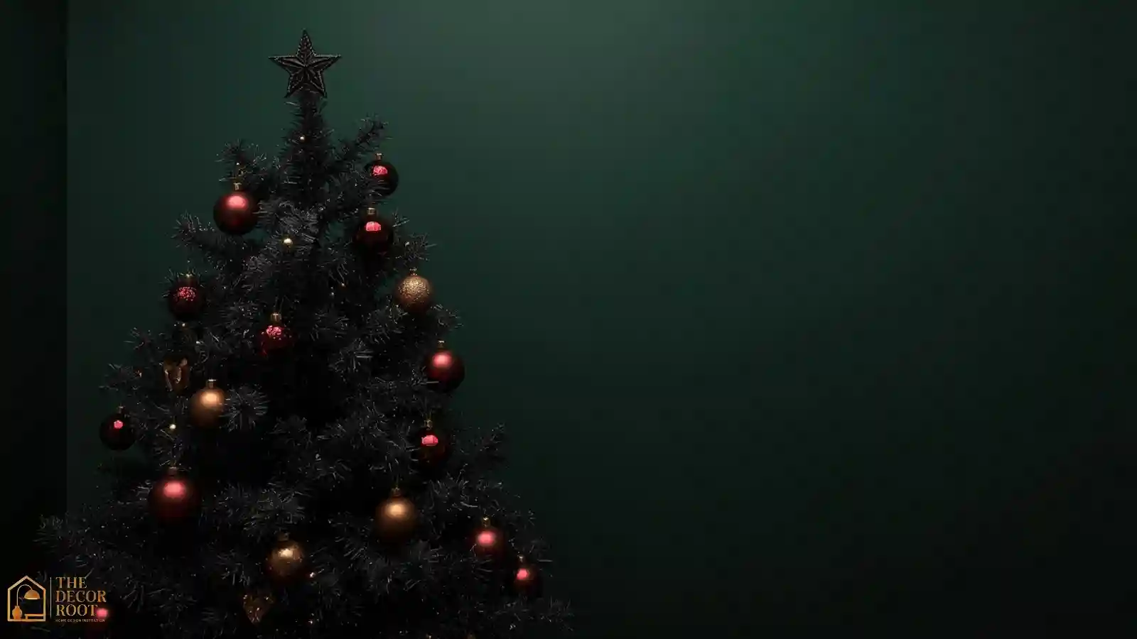A black artificial Christmas tree decorated with dark bronze ornaments in front of a dark green living room wall