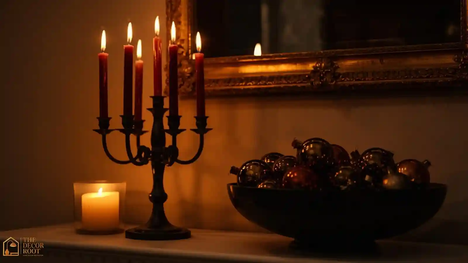 A black iron candelabra with dark red taper candles beside a cluster of dark bronze ornaments on a mantel