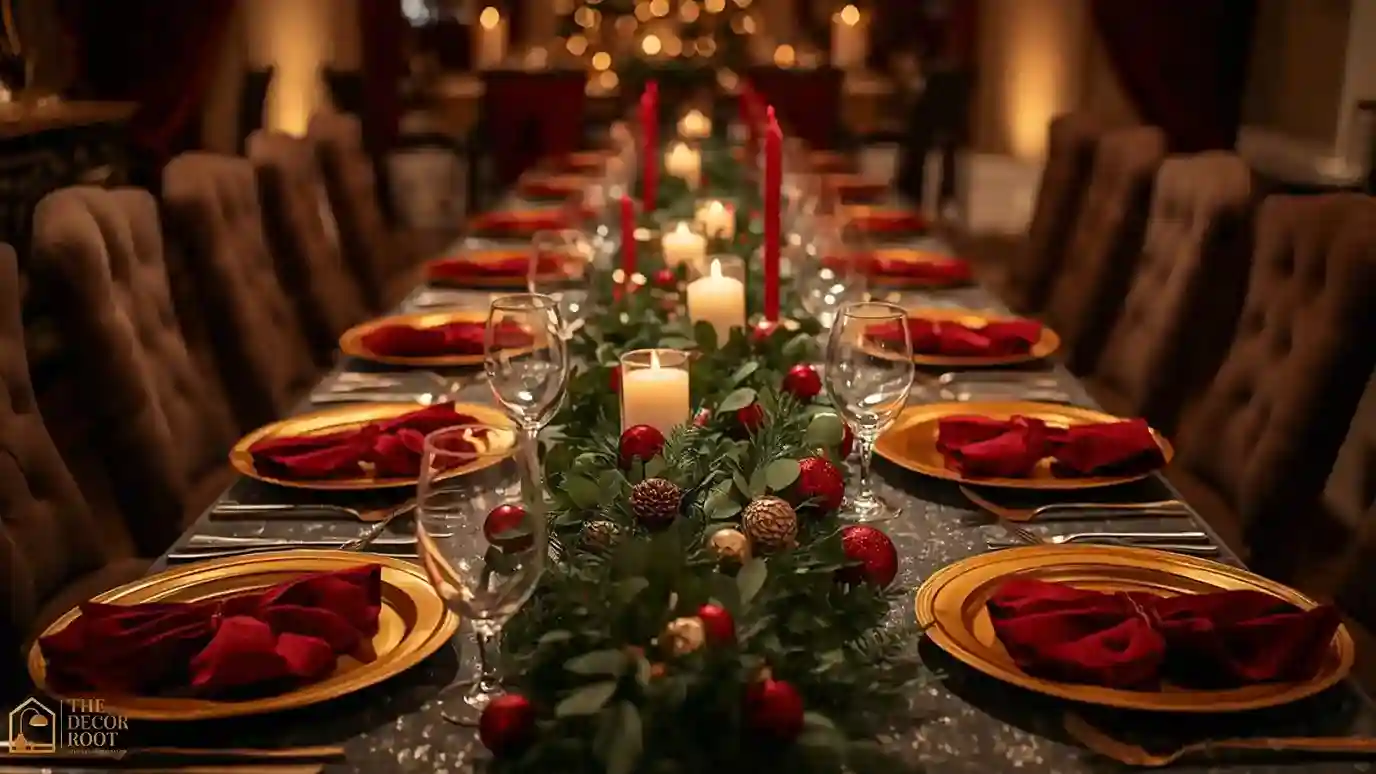 A finished bougie DIY Christmas centerpiece with gold chargers, ribbon-tied napkins, and layered greenery