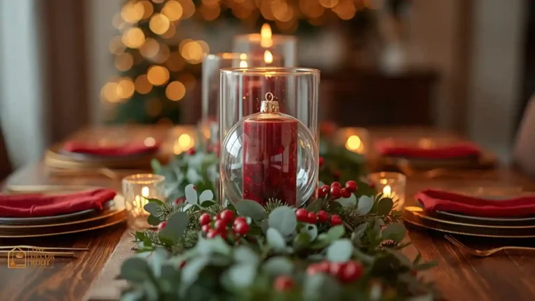 A bougie DIY Christmas centerpiece with taper candles, faux eucalyptus, and gold accents on a dining table