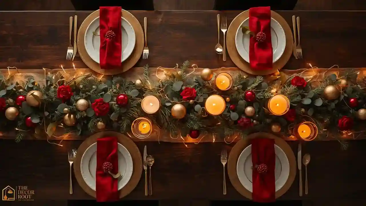 Overhead view of a DIY Christmas centerpiece styled with gold chargers, taper candles, and faux greenery