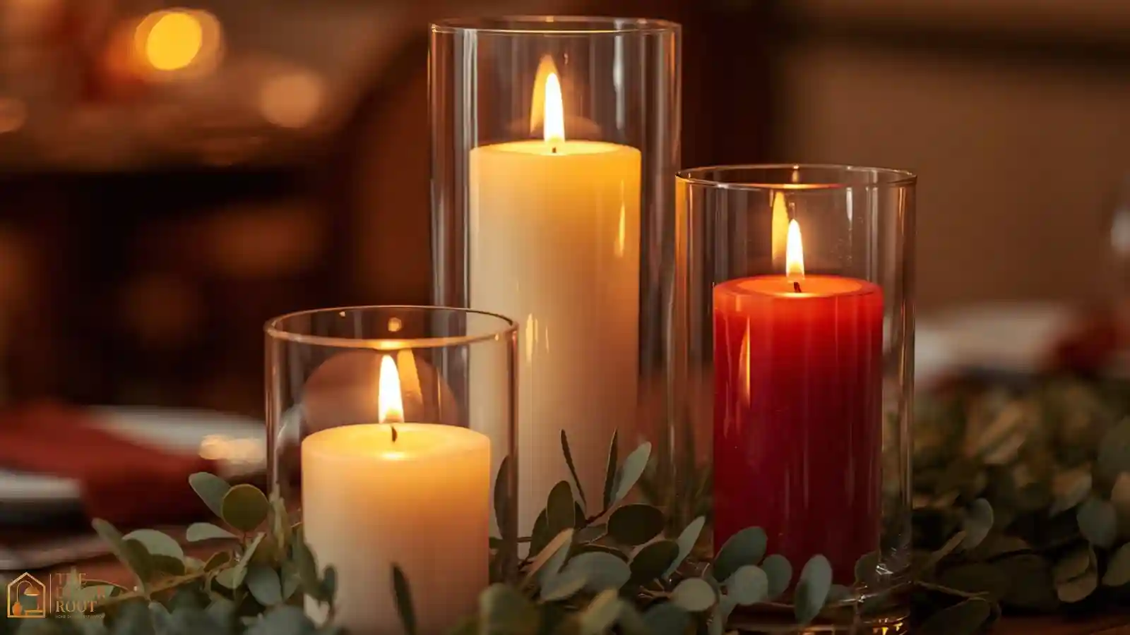 Taper candles in glass hurricane vases at staggered heights along a DIY Christmas centerpiece runner