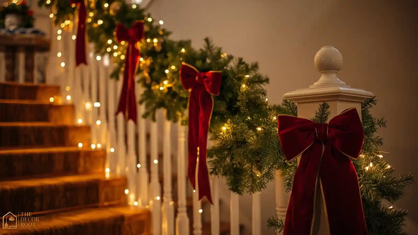 A fully styled staircase garland with velvet bows, warm lights, and a cascading ribbon tail at the newel post