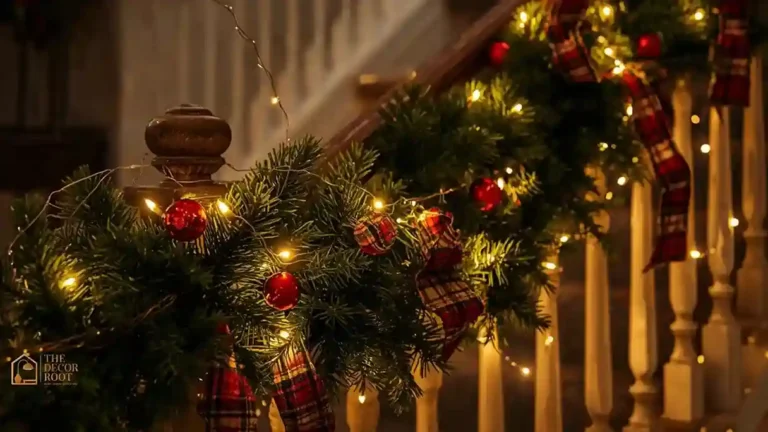 A staircase railing wrapped in fresh pine garland with plaid ribbon and warm white fairy lights woven through