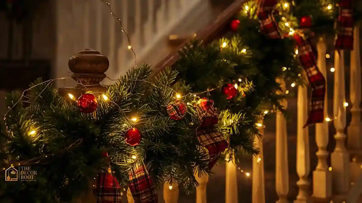 A staircase railing wrapped in fresh pine garland with plaid ribbon and warm white fairy lights woven through