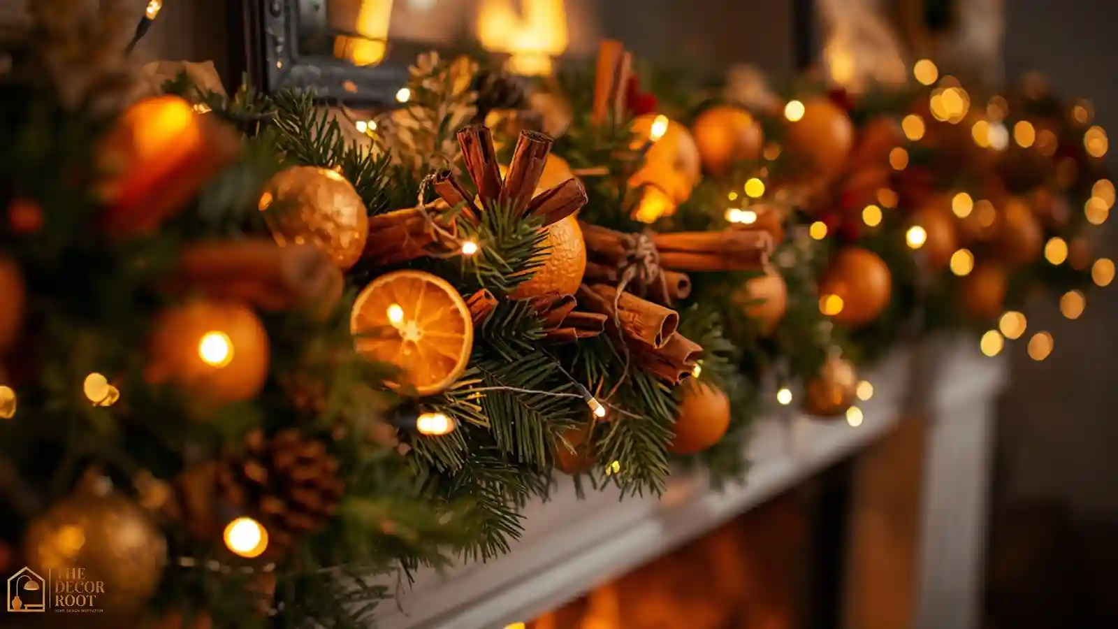 A mantel garland accented with dried orange slices, cinnamon bundles, and warm white fairy lights