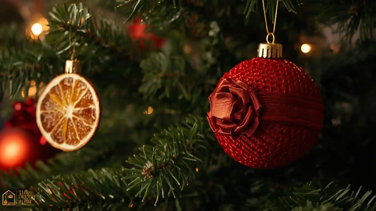 A finished Christmas tree corner styled with handmade glass ornaments, ribbon rosettes, and dried orange slice ornaments