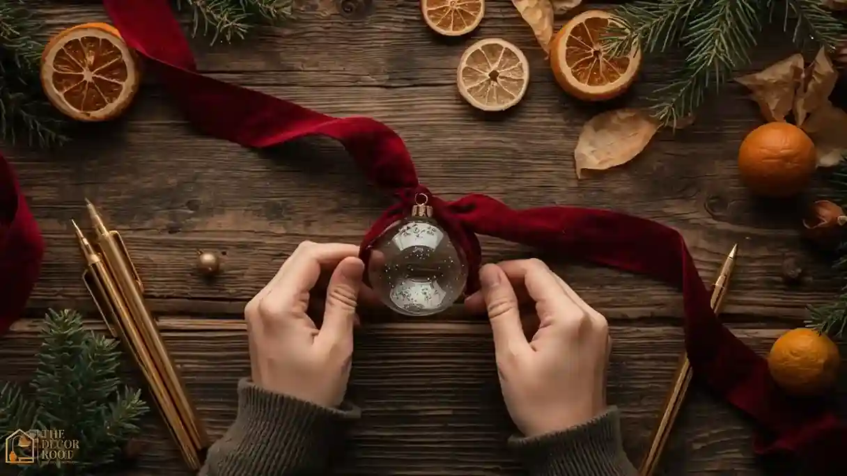 A woman's hands wrapping burgundy velvet ribbon around a glass ball ornament on a wood table with holiday craft supplies