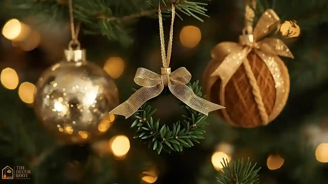 A cluster of gold splatter-painted glass ball ornaments and a mini boxwood wreath ornament hanging on a pine tree branch