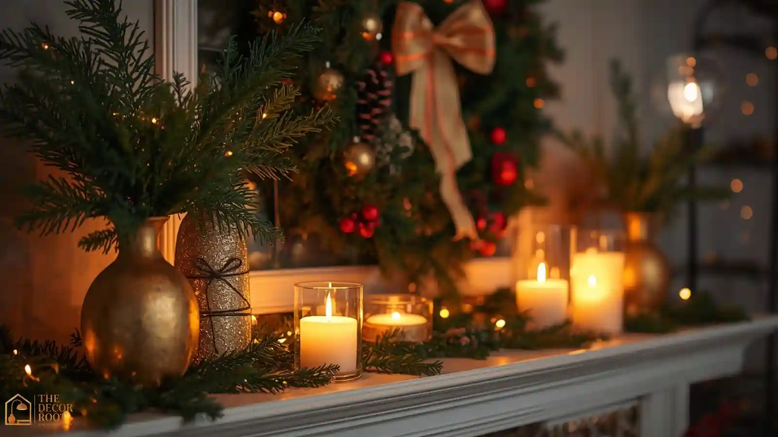 A styled Christmas mantel featuring gold spray-painted vases, layered greenery, and glowing glass hurricane candles