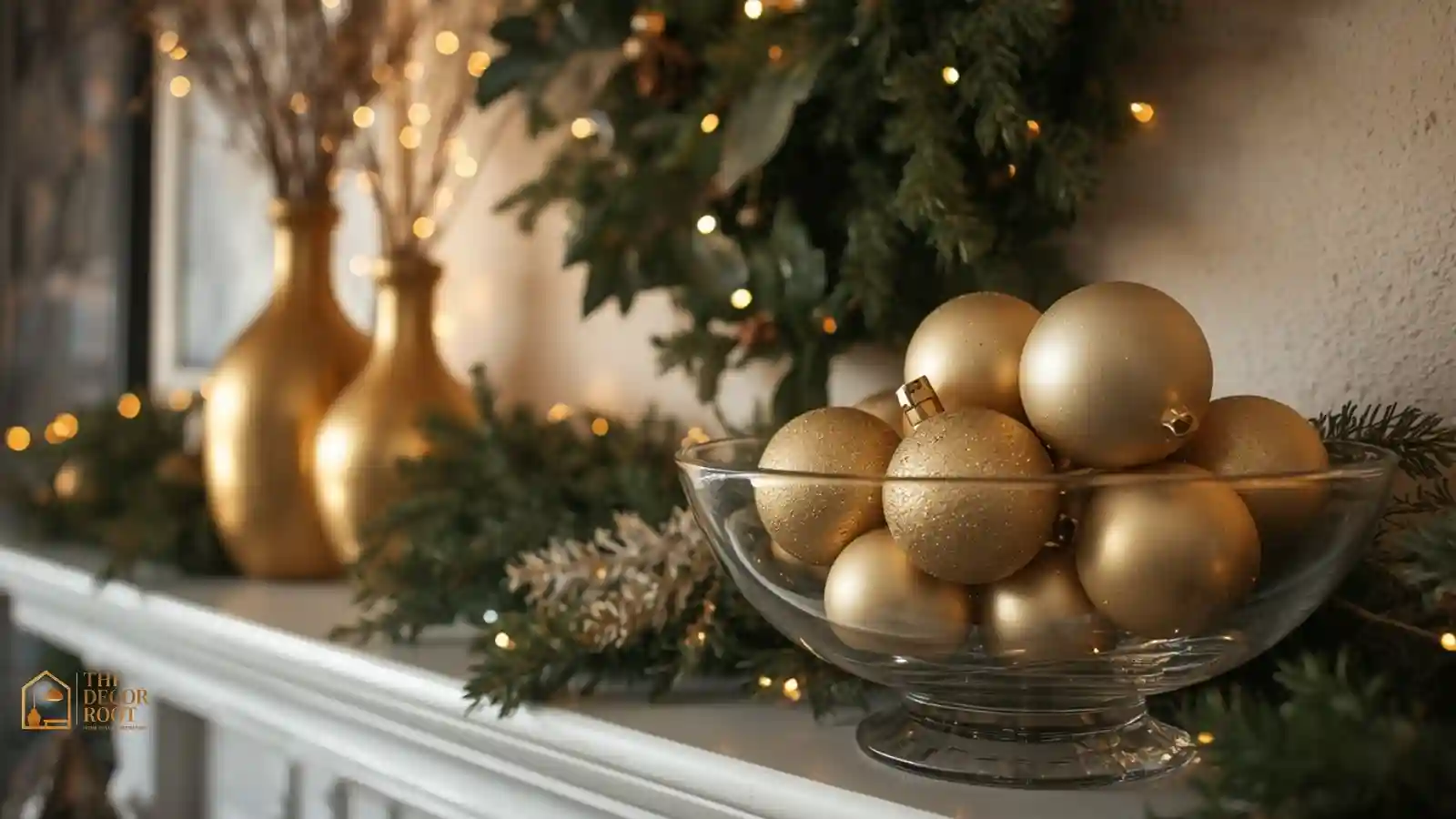 A dollar store vase spray-painted gold and filled with faux greenery styled on a mantel with dollar store candles
