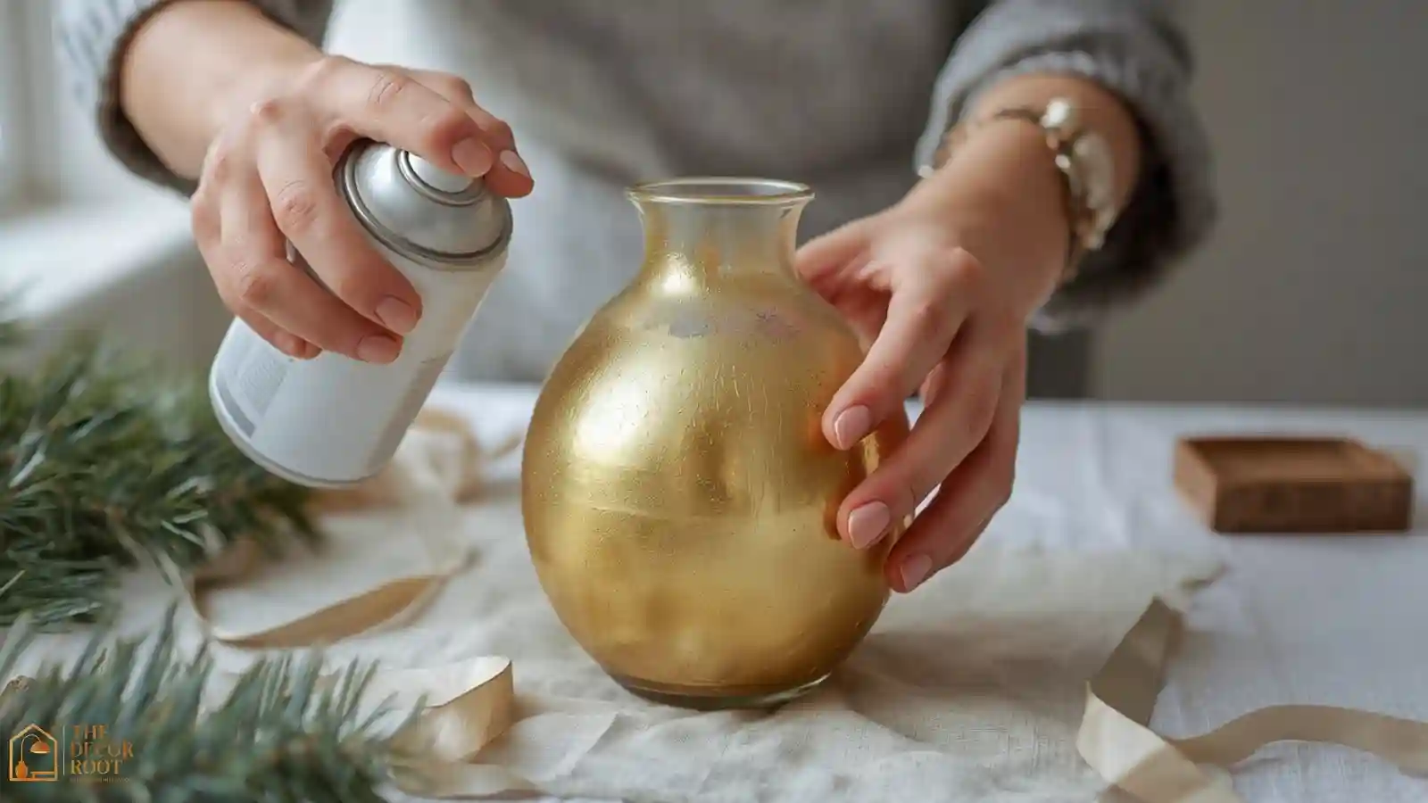 Hands spray-painting a plain dollar store glass vase gold over a covered work surface with holiday greenery nearby