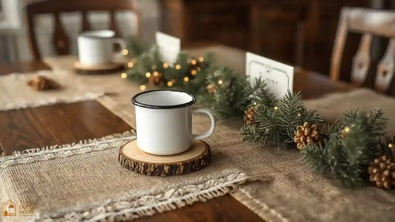Farmhouse Christmas table with burlap and lace runner, wood slice place card bases, and enamelware mugs