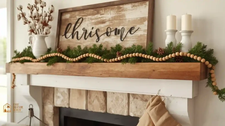 Rustic farmhouse mantel styled with a wooden bead garland, cotton stems in an ironstone pitcher, and a reclaimed wood Christmas sign