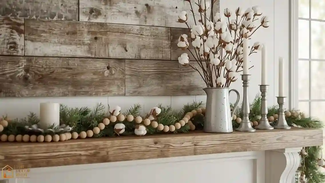 Farmhouse Christmas mantel with wooden bead garland, cotton stems, and galvanized metal accents