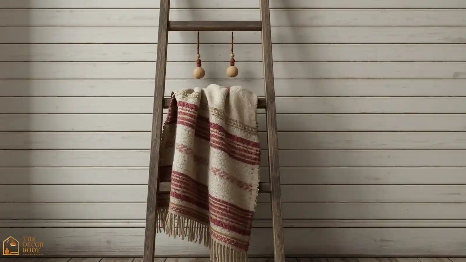 Vintage wooden ladder styled with quilts and ornaments as a farmhouse Christmas display