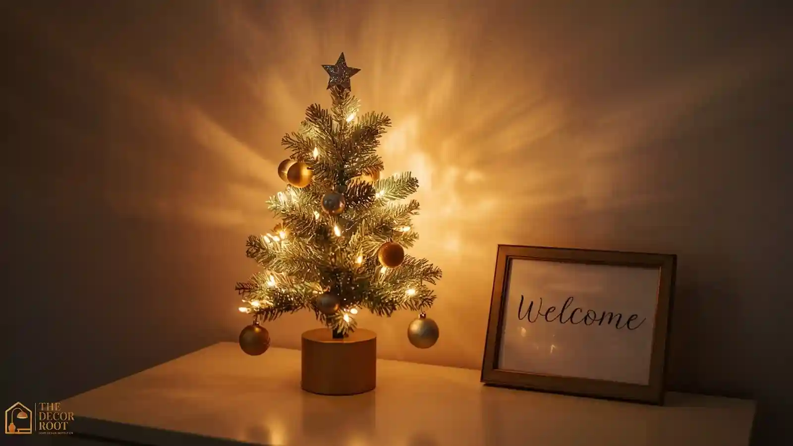 A small tabletop Christmas tree with warm lights on a guest bedroom dresser beside a framed welcome note