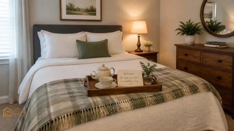 A neatly made guest bed with a folded holiday throw, a welcome tray with tea and a small note, and a bedside lamp glowing warmly